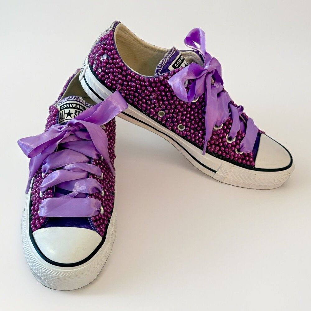 Custom BLING Converse W 7.5 All Star Chucks Purple Sequin Wedding Sneaker Ribbon